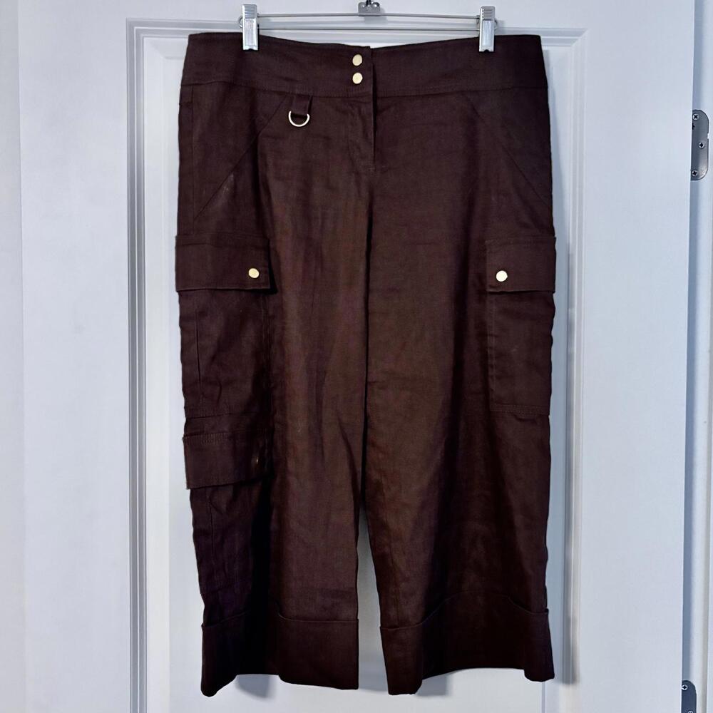 Vintage CACHE Brown Linen Blend Cargo Cropped Cargo Pants 8